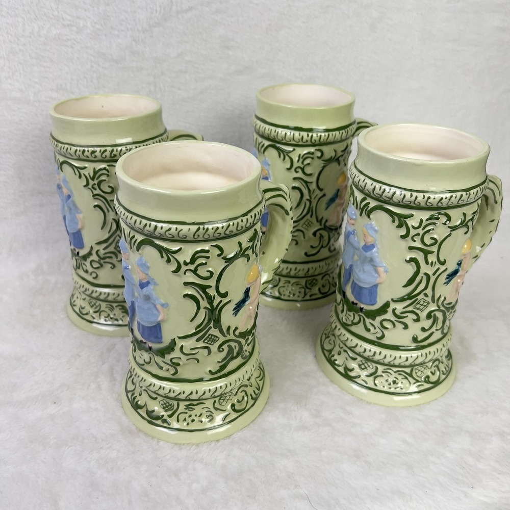 Vintage Ceramic Beer Stein Mug Set of 5 German Folk Couple Oktoberfest Barware